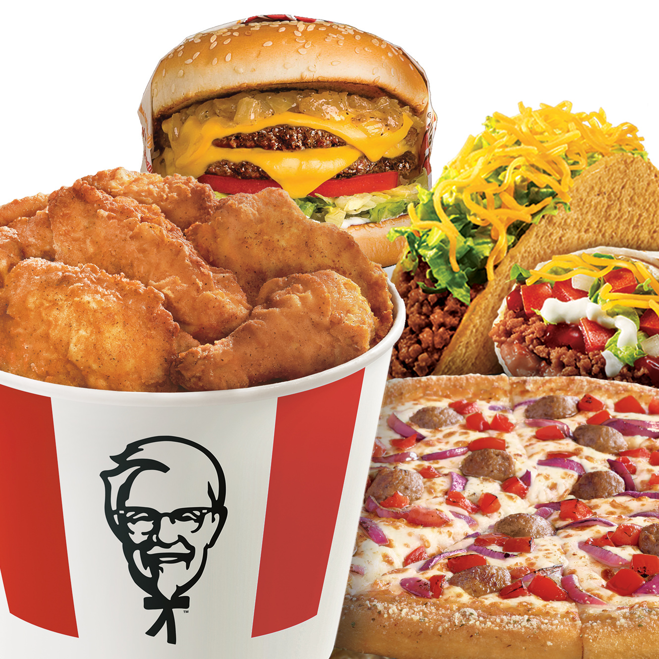 A Bucket of KFC Original Recipe Chicken, a Pizza Hut Pizza, A Taco Bell Taco and Burrito, and a Habit Burger A Bucket of KFC Original Recipe Chicken, a Pizza Hut Pizza, A Taco Bell Taco and Burrito, and a Habit Burger