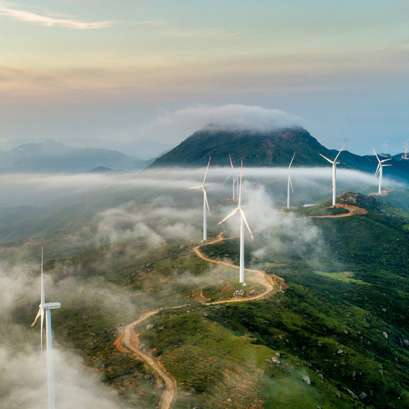 Aerial photo of a windmill farm Aerial photo of a windmill farm