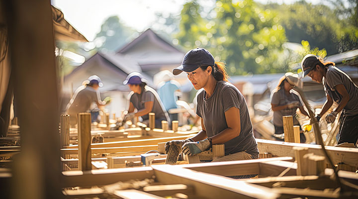 people rebuilding a house