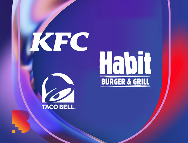 Logos for KFC, Pizza Hut, Taco Bell, and Habit Burger Grill on an abstract background