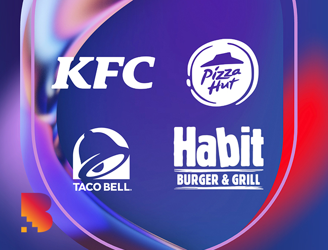 Logos for KFC, Pizza Hut, Taco Bell, and Habit Burger Grill on an abstract background