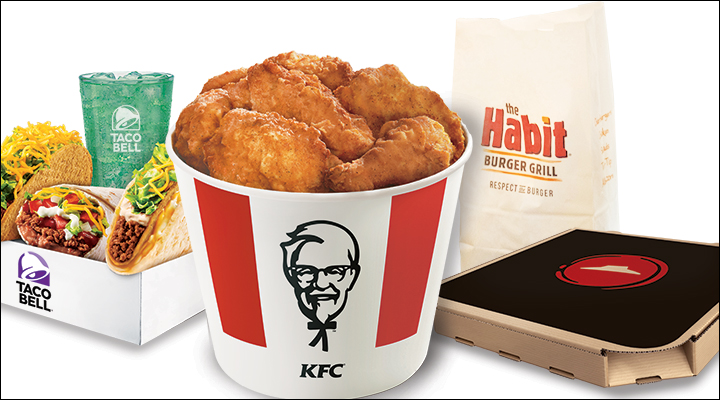 Yum! packaging for KFC, Pizza Hut, Taco Bell and The Habit