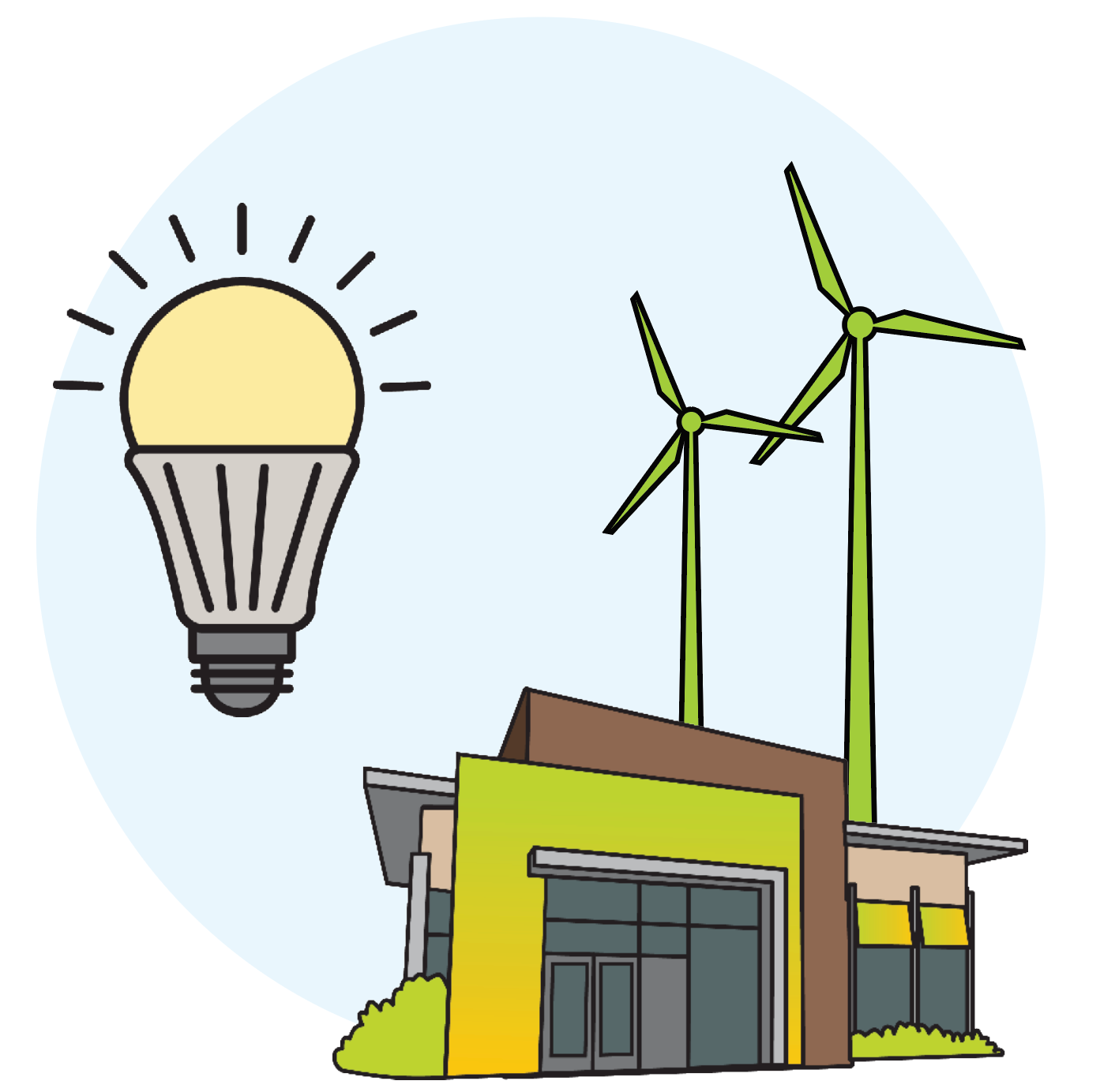 Illustration of an LED lightbulb and windmills powering a restaurant