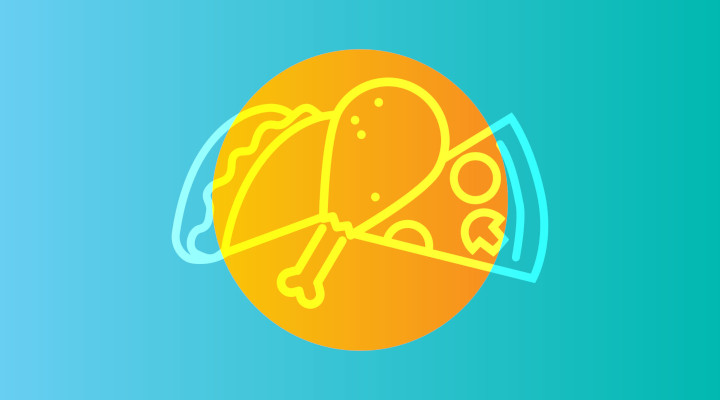 illustration of taco, chicken drumstick and pizza slice